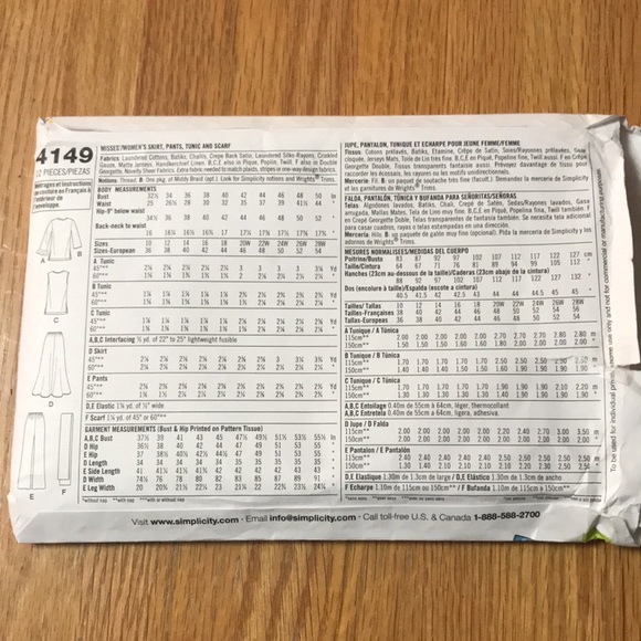 Sewing pattern Simplicity 4149 skirt pants tunic scarf - Picture 4 of 4